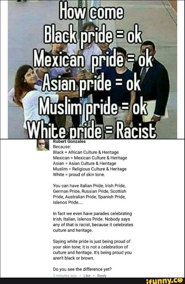 (Original meme) How come Black pride = ok, Mexican pride = ok, Asian pride = ok, Muslim pride = ok, White pride = Racist (Comment by Robert Gonzales) Because: Black = African Culture & Heritage, Mexican = Mexican Culture & Heritage, Asian = Asian Culture & Heritage, Muslim = Religious Culture & Heritage, White = proud of skin tone. / You can have Italian Pride, Irish Pride, German Pride, Russian Pride, Scottish Pride, Australian Pride, Spanish Pride, Islenos Pride... / In fact we even have parades celebrating Irish, Italian, Islenos Pride. Nobody says any of that is racist, because it celebrates culture and heritage. / Saying white pride is just being proud of your skin tone; it is not a celebration of culture and heritage. It's being proud you aren't black or brown. / Do you see the difference yet? / 2 minutes ago Like Reply / ifunny.co