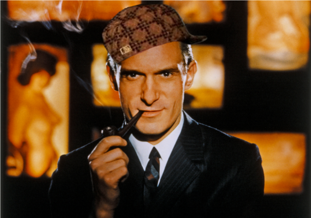 Hugh Hefner as a young man, smoking a pipe, wearing a Scumbag Steve hat