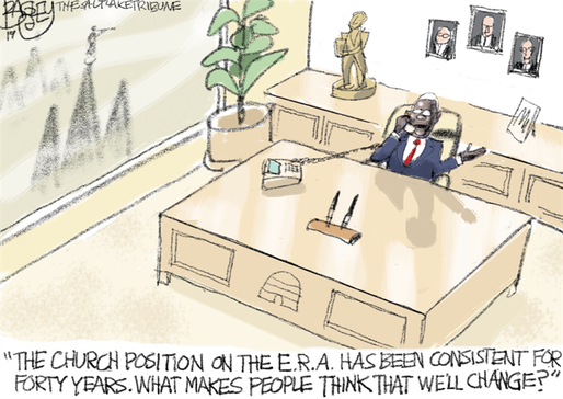 Cartoon of Elder Peter M. Johnson in an office at church headquarters, saying into the phone, 