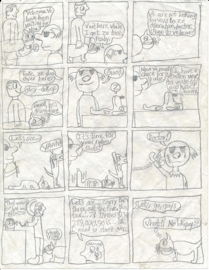 Boredom Busters - Comic 1 (Panel 1) Bob is holding Rufus and Downboy under his arms. An Igor-looking vet says, 