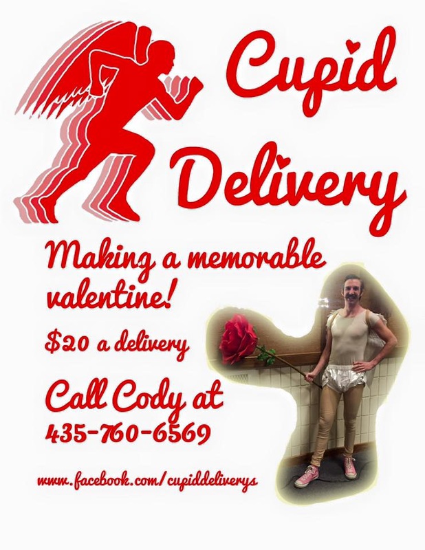 Cupid Delivery: Making a memorable valentine! $20 a delivery. Call Cody at 435-760-6569. www.facebook.com/cupiddeliverys / Picture of Cody Apedale dressed as Cupid with a humongous rose bigger than his head
