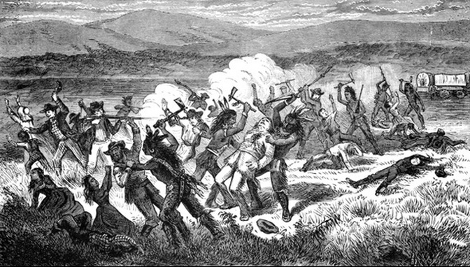 Sketch of the Mountain Meadows Massacre, with Paiute Native Americans attacking white settlers.