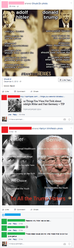 Meme in Facebook feed comparing Adolf Hitler to Donald Trump, immediately followed by one comparing Hitler to Bernie and captioned 
