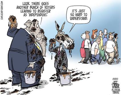 A political cartoon by Jeff Parker, cablecartoons.com. An elephant and a donkey in suits pause from flinging balls of mud at each other. The elephant remarks, 