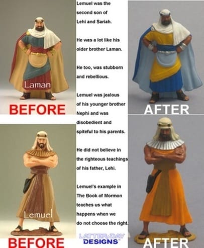 Before and After action figures of Laman and Lemuel getting darker skins. 
