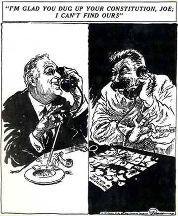 30s-era cartoon of Franklin D. Roosevelt (FDR) on the phone with 