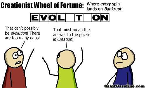 Creationist Wheel of Fortune: Where every spin lands on Bankrupt! Answer: Evol_t_on. Person in red says, 