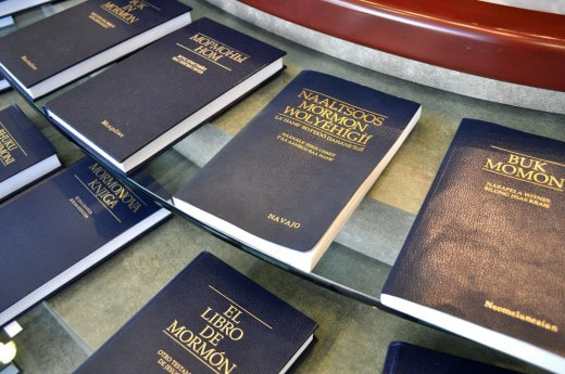 The Book of Mormon on display in Navajo and a few other languages.