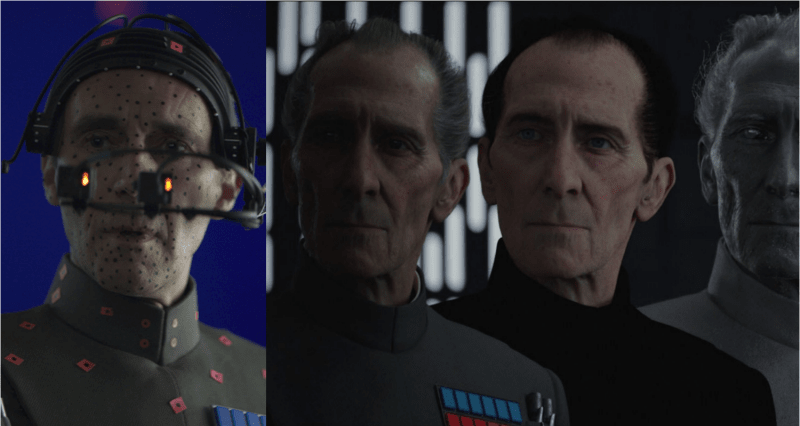 Stages of the digital transformation of Guy Henry into a Grand Moff Tarkin who looks like Peter Cushing