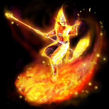 Sun Wu-Kung, the Chinese monkey king, riding on a fireball