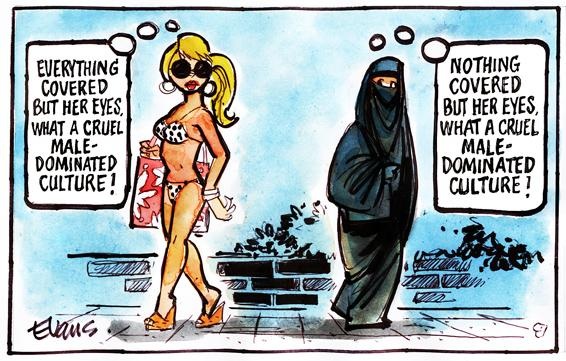Cartoon by Evans. Woman in bikini and sunglasses sees woman in burqa and thinks, 