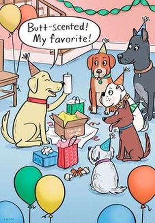 Front of card: Dog surrounded by friends and balloons, sniffing candle and saying, 