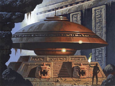 Indiana Jones in a cavern with a torch, looking at an ancient flying saucer on a carved pedestal.