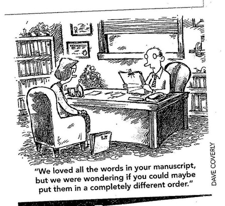 Cartoon by Dave Coverly. Man at desk tells woman, 