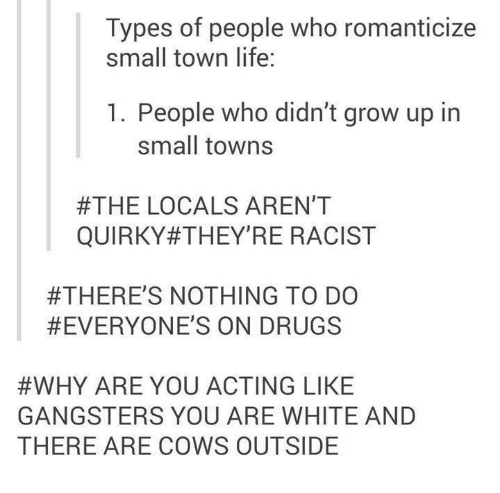 Types of people who romanticize small town life: 1. People who didn't grow up in small towns / #THE LOCALS AREN'T QUIRKY #THEY'RE RACIST / #THERE'S NOTHING TO DO #EVERYONE'S ON DRUGS / #WHY ARE YOU ACTING LIKE GANGSTERS YOU ARE WHITE AND THERE ARE COWS OUTSIDE