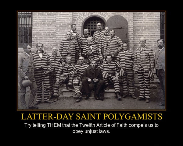 Several men in a prison courtyard, most in prison stripes. Mormon Polygamists: Try telling THEM that the Twelfth Article of Faith compels us to obey unjust laws.
