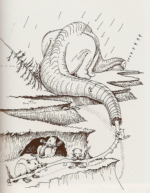 Illustration by Robert T. Bakker of rodents eating a sleeping sauropod's tail during the rainy season