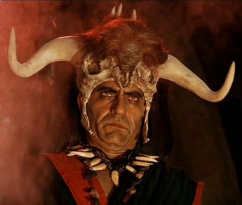 Mola Ram, leader of the Thuggee cult, with his buffalo horn hat
