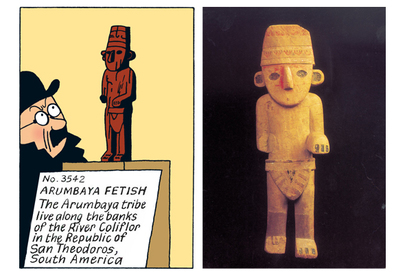 Left: Comic panel of Mr. Bolivar eyeing a museum exhibit. 