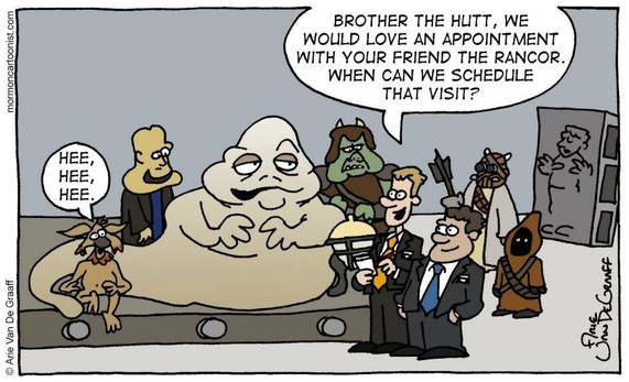 Cartoon by Arie Van De Graaff. Two Mormon missionaries in Jabba's palace. One says to him, 