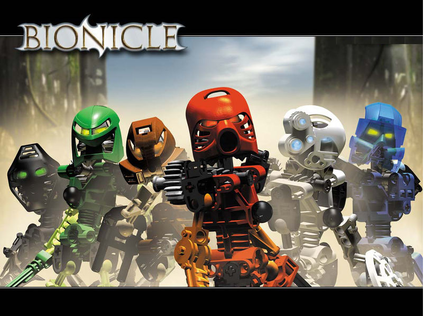 The Toa Mata of Bionicle. Left to right: Onua Toa of Earth, Lewa Toa of Air, Pohatu Toa of Stone, Tahu Toa of Fire, Kopaka Toa of Ice, and Gali Toa of Water