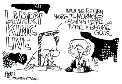 Pat Bagley cartoon of Larry King with President Gordon B. Hinckley on 