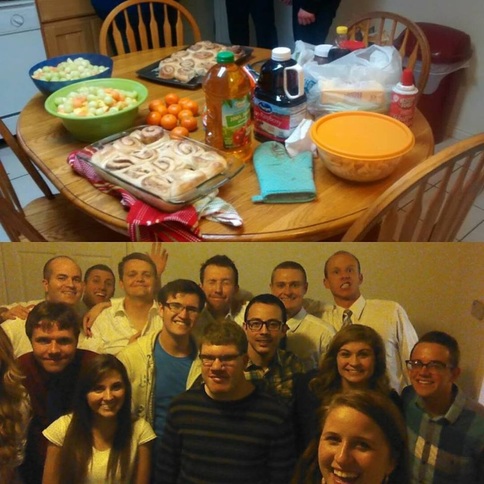 Top: Mackenzie's kitchen table loaded with food including the oranges I brought. Bottom: C. Randall Nicholson with several friends at Mackenzie's house for Easter lunch, but Mackenzie herself is cut out of the picture