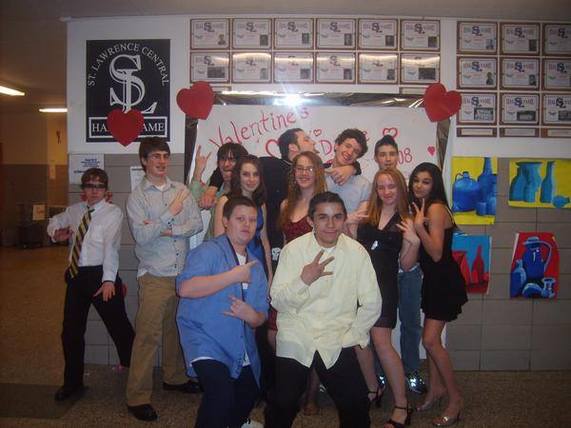 Valentine's Dance 2008, St. Lawrence Central Hall of Fame in the lobby. Back row, left to right: C. Randall Nicholson, Daniel Frohm, Ben Lord, Brian LaBier, Quinn Patraw, Levi Hull. Middle row, left to right: Cassandra Aldous, Amber McLaughlin, Paige Losey, Kayla Peets. Front, left to right: Matthew Beckstead, Joseph Rafter.